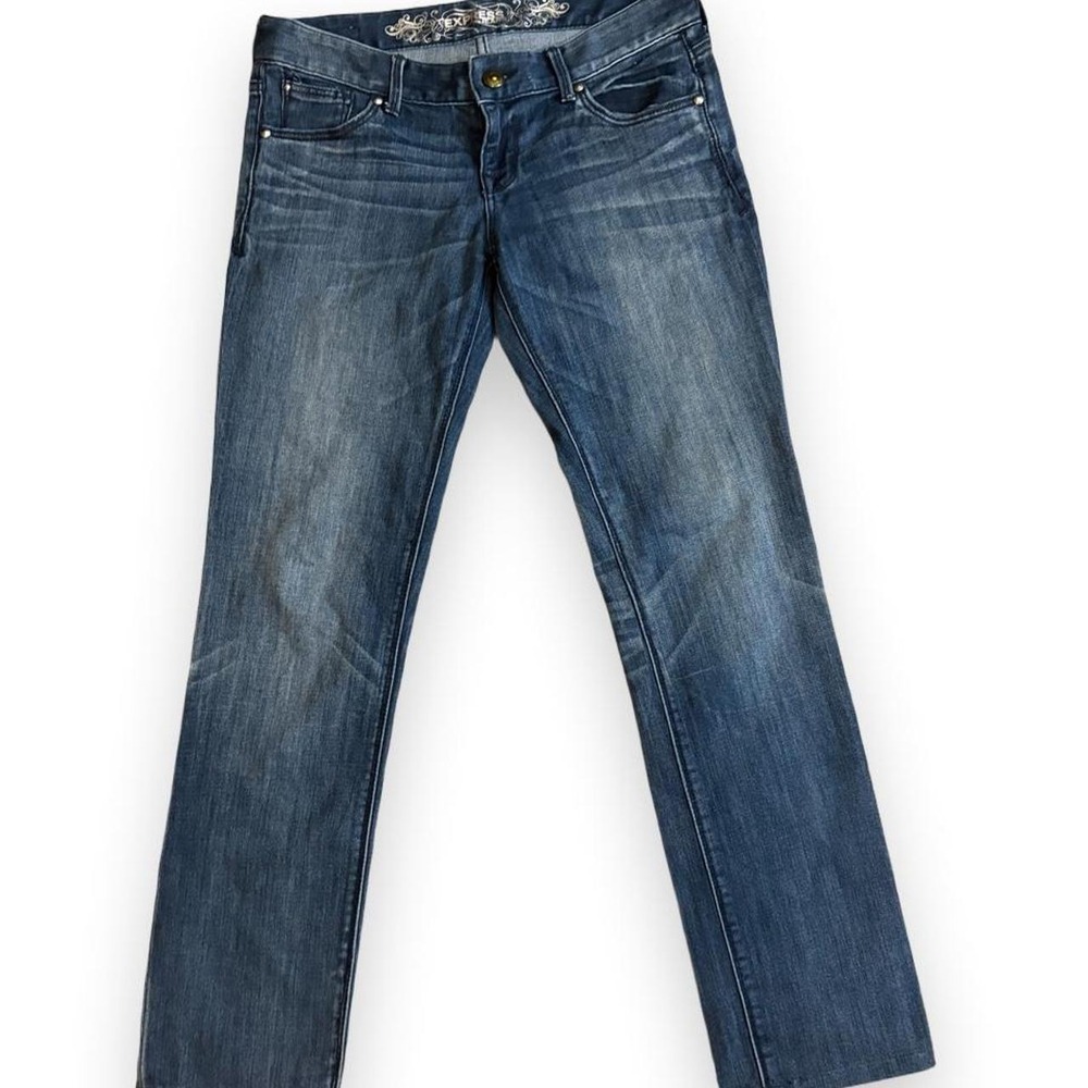 Express Jeans Womens 2R Low Rise Straight Leg Dark Wash Embroidered Y2K